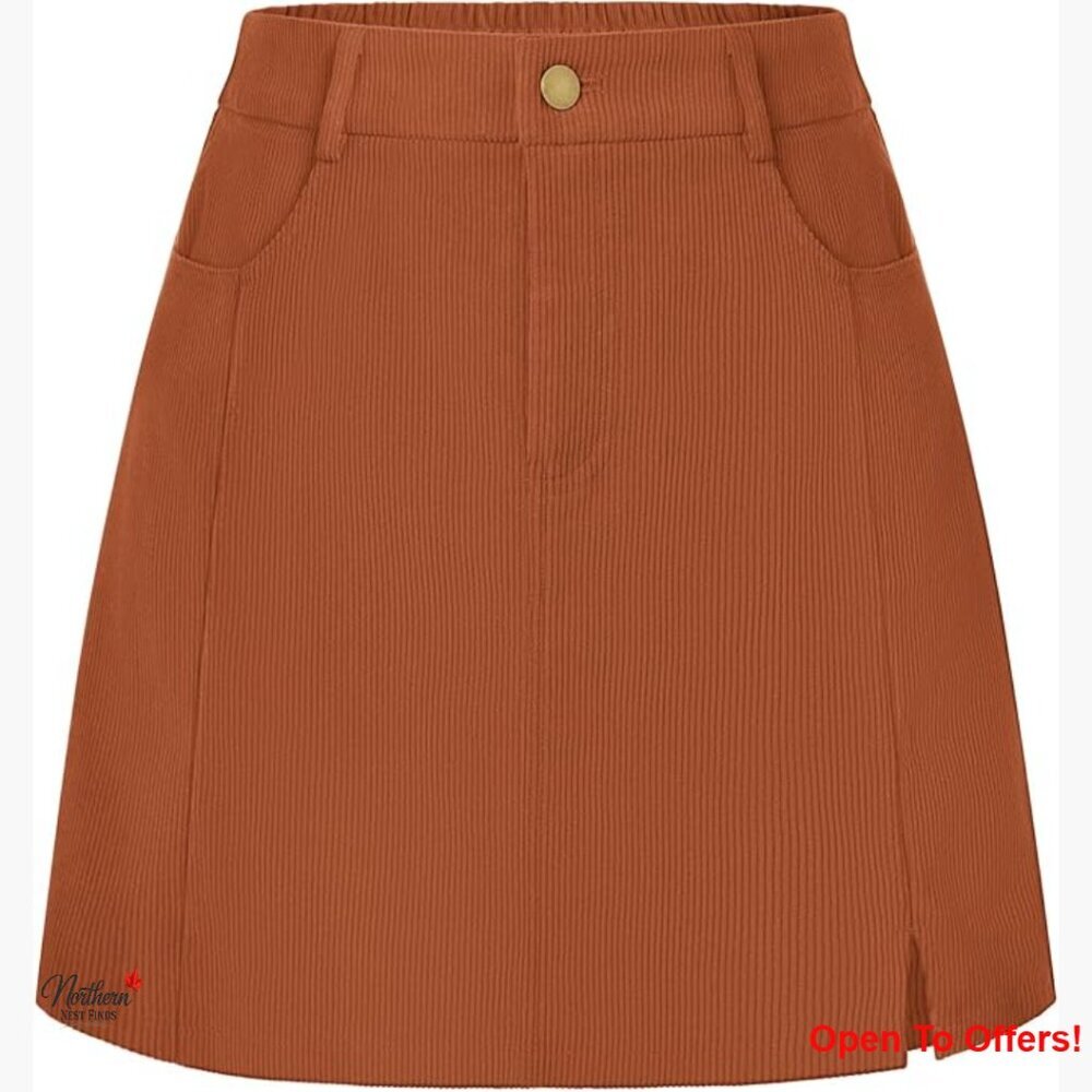 Corduroy A-Line Mini Skirt with Pockets High Elastic Waistband